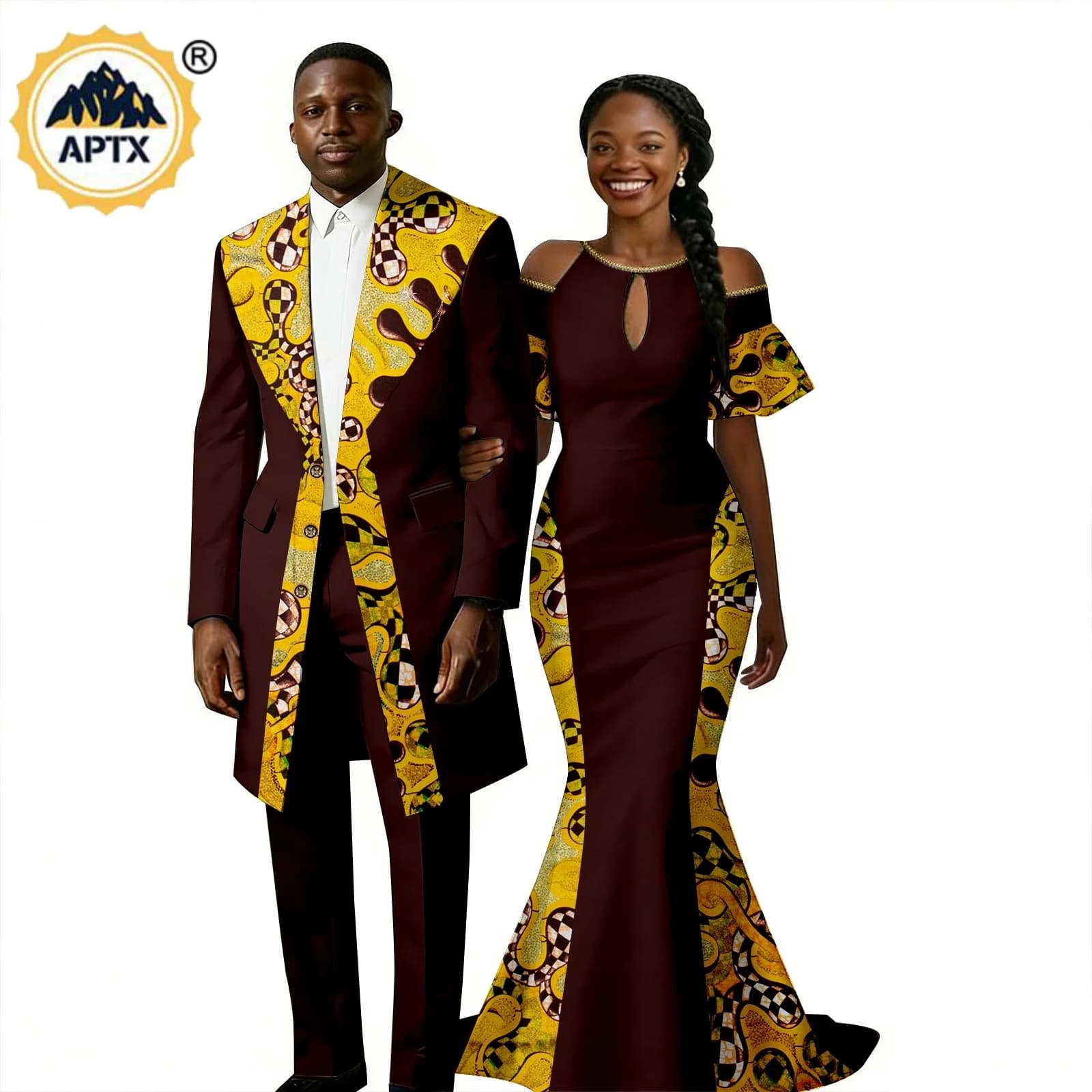 African Print Beading Long Mermaid Dresses for Women Matching Couple Outfits Dashiki Formal Men Top Jacket and Pant Sets 26C026