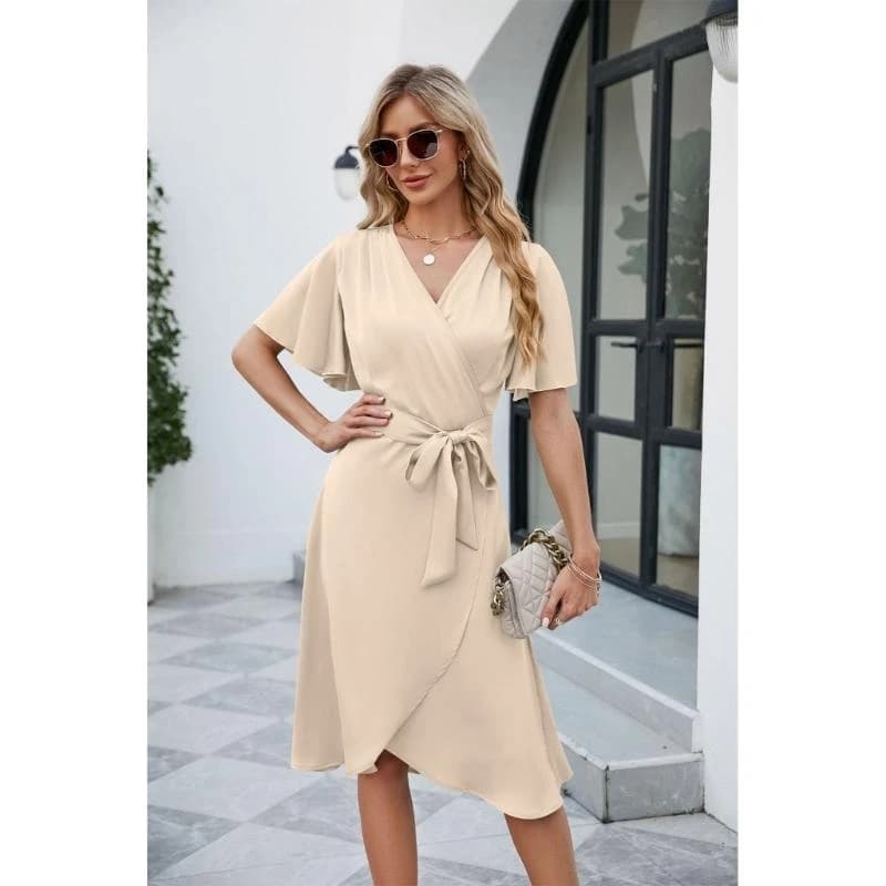 39BC Womens Summer Short Sleeve Dress Belt A-Line Split Hem Swing Midi Dress