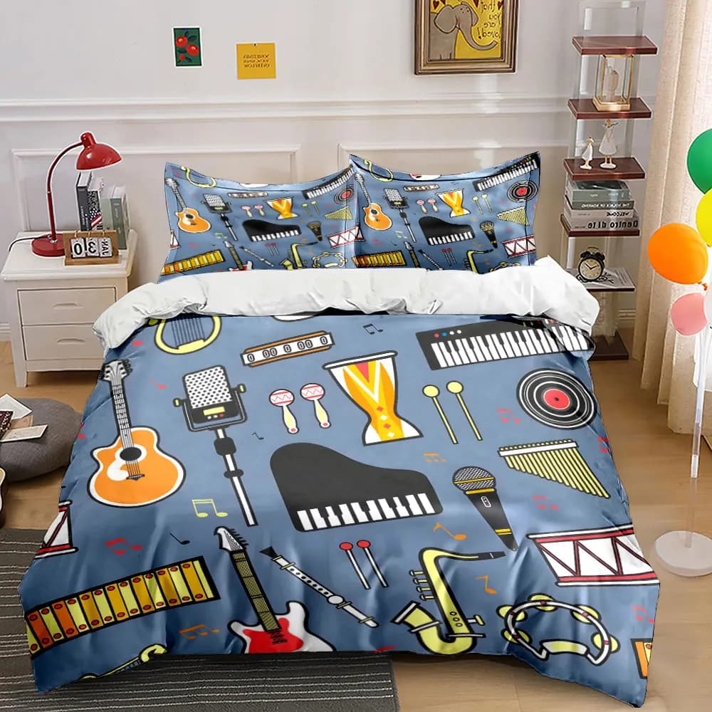 Set di biancheria da letto con stampa di motivi a cartoni animati di strumenti musicali, 1 copripiumino, 2 federe per adulti e bambini, regalo di lusso, misura completa