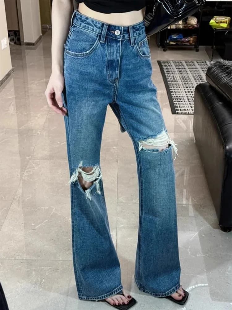 Jeans in denim distressed a vita alta da donna, pantaloni estivi a gamba dritta effetto snellente, lunghezza al pavimento, stile casual Rouje Kefss per il commuting