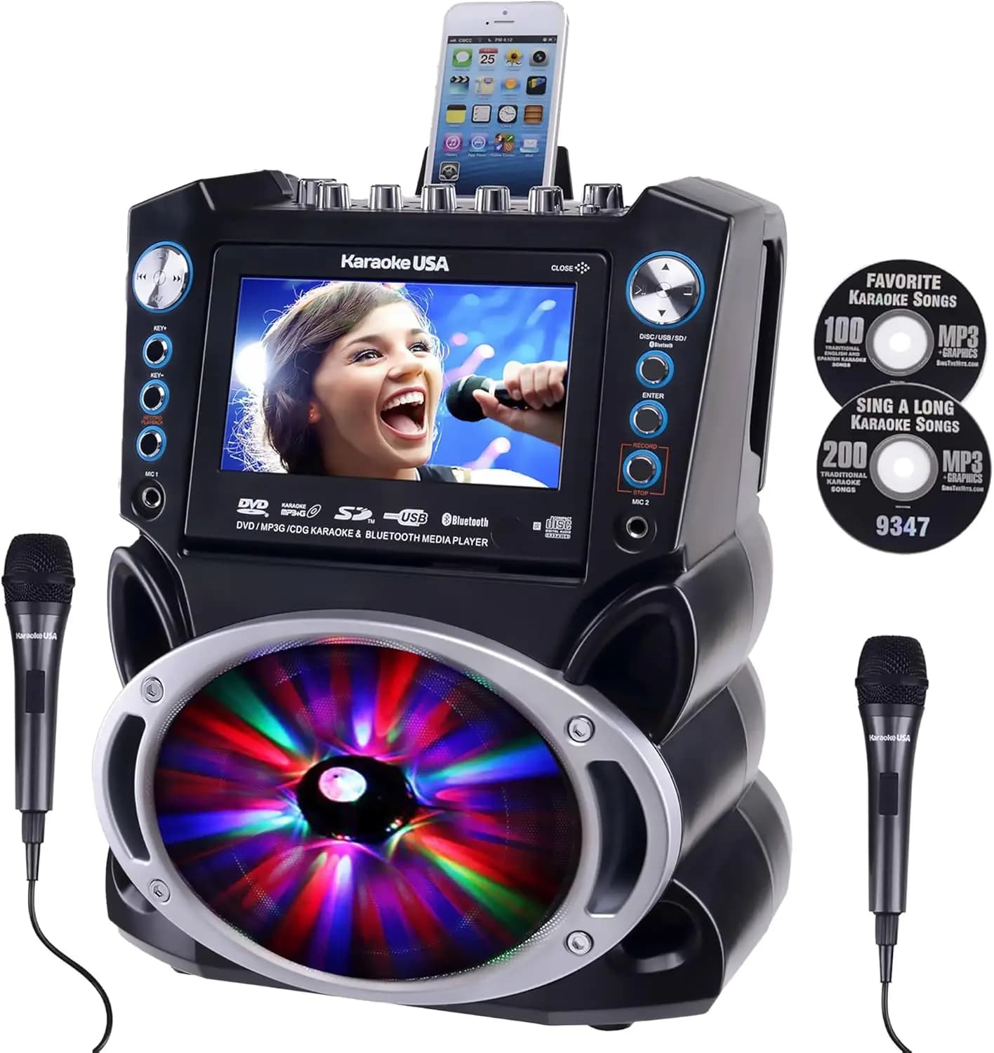 Macchina per Karaoke con Schermo da 7 Pollici, CD+G, DVD, MP3+G, MP3, CD e USB, Altoparlante Bluetooth con Luci LED, 2 Microfoni Cablati e 2 Dischi Bonus