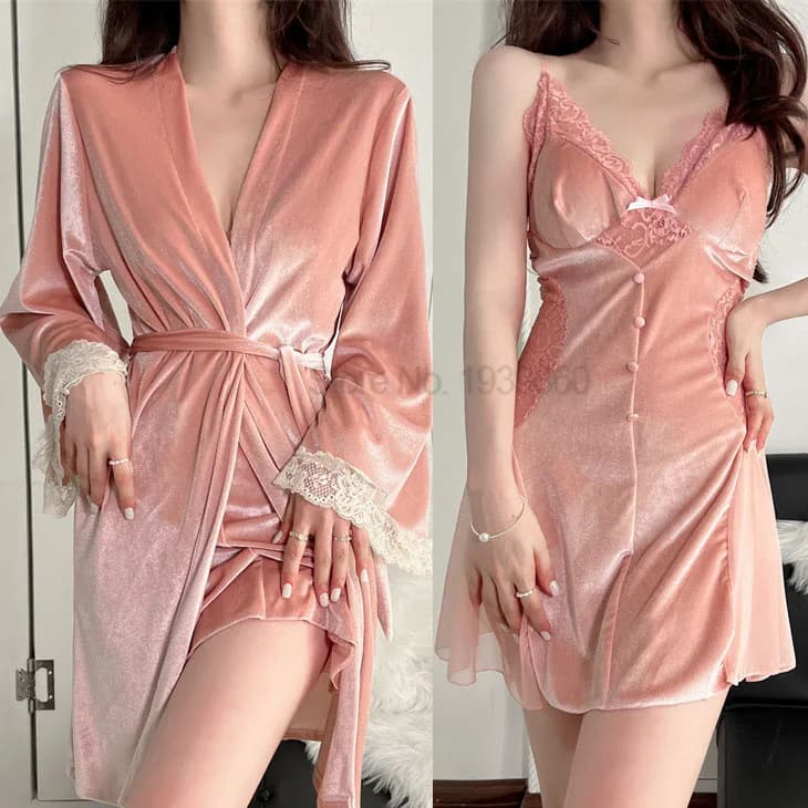 Twinset Robe Suit with Strap Night Shirt Sexy prospect Sleepwear V-neck Kimono bathrobe Loungewear spring autumn pyjamas