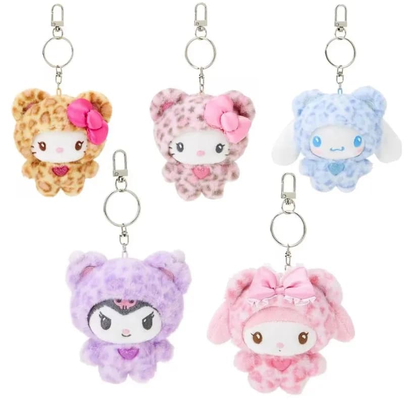 Portachiavi Peluche Sanrio Hello Kitty, Simpatico Ciondolo Borsa Gatto con Stampa Leopardata, Morbido Giocattolo Imbottito