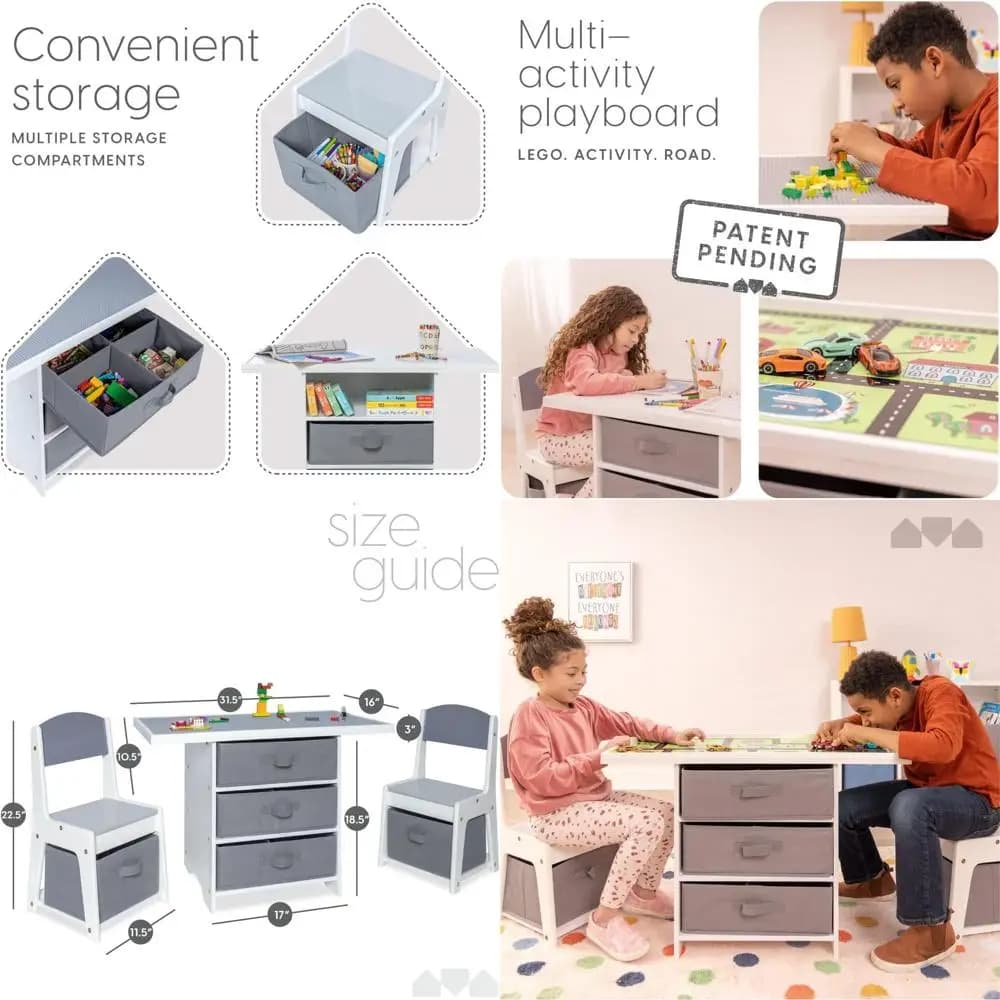 Set tavolo e sedie da gioco 3 in 1 in legno con contenitore, compatibile con LEGO e Duplo, colore grigio