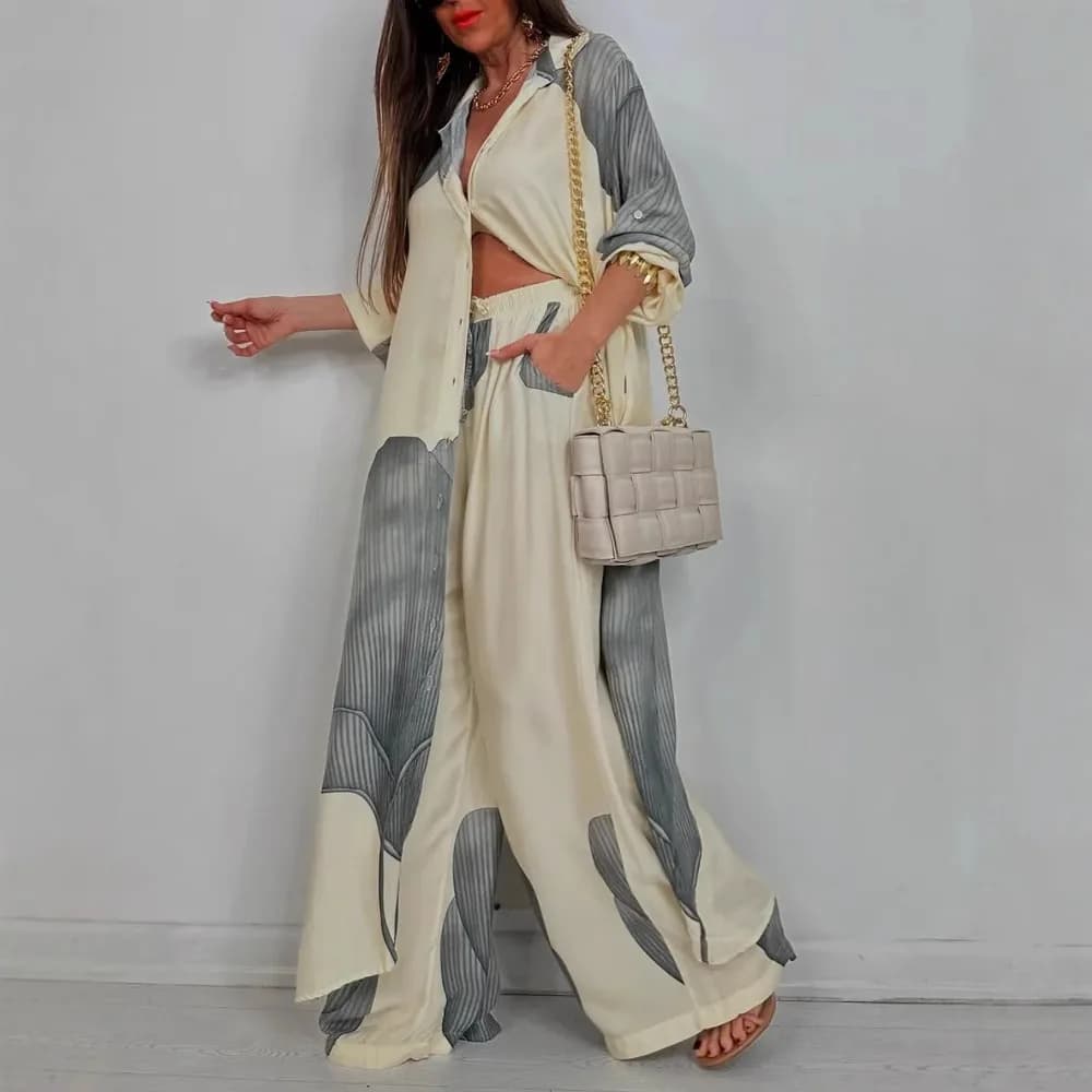 Elegant Women's Set Printed Long Shirt Top Wide Leg Pants Full of 2 Pieces Women's Set Off Random Outfit Two Pieces