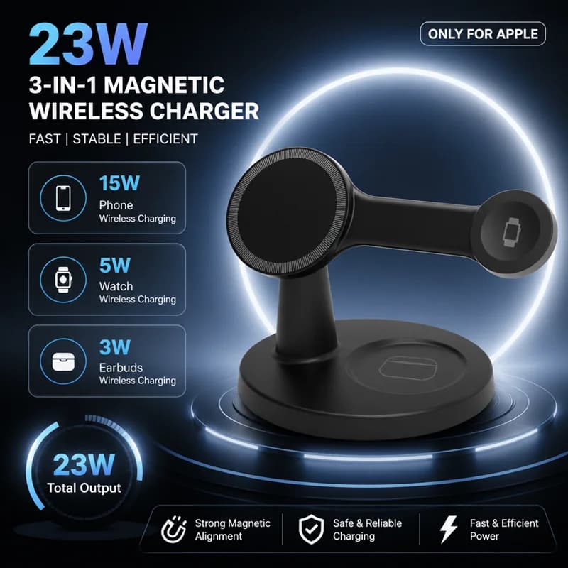 3 In 1 23W Magnetic Wireless Charger Portable Multi‑Function Desktop Fast Charging Station For iPhone 18 17 Airpods Apple Watch
