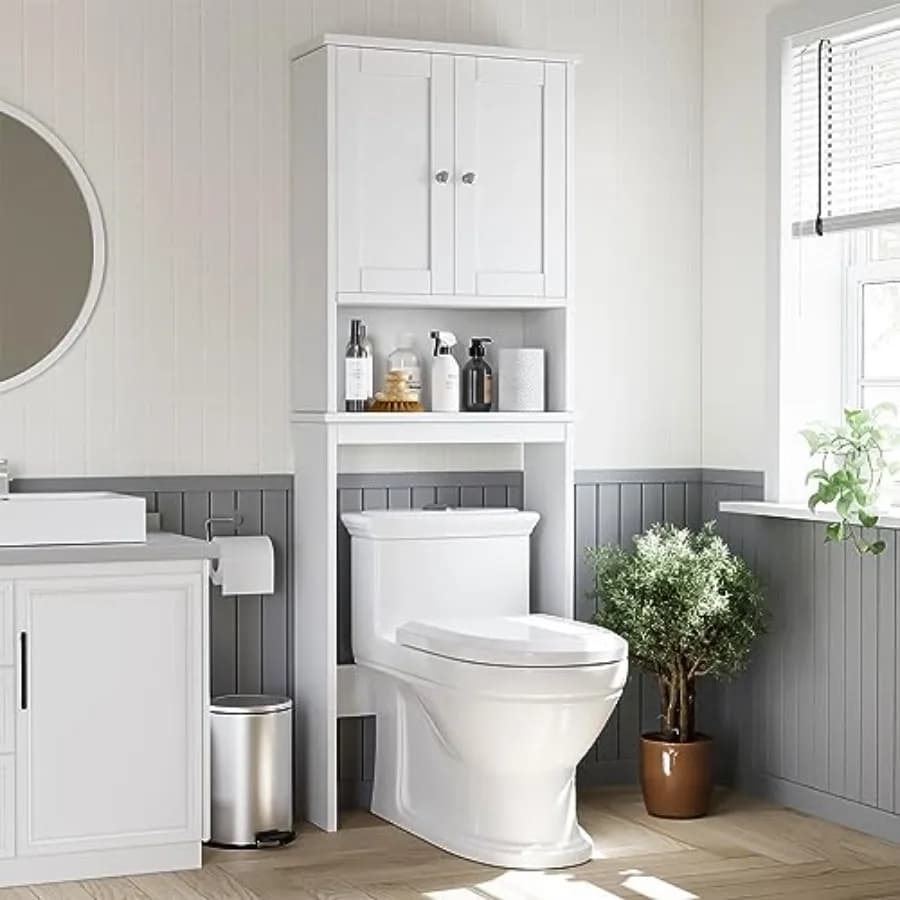 Mobiletto Salvaspazio da Bagno Sopra il WC con Ripiani Regolabili e Dispositivo Anti-Ribaltamento, Organizzatore Compatto Autoportante