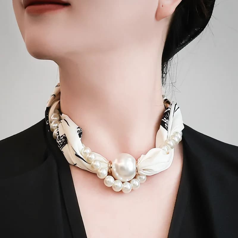 Women Spring Autumn Thin Small Square Scarf With Magnetic Pearl Clasp Decorative Neck Wrap Clavicle Accessory Matching Shirts