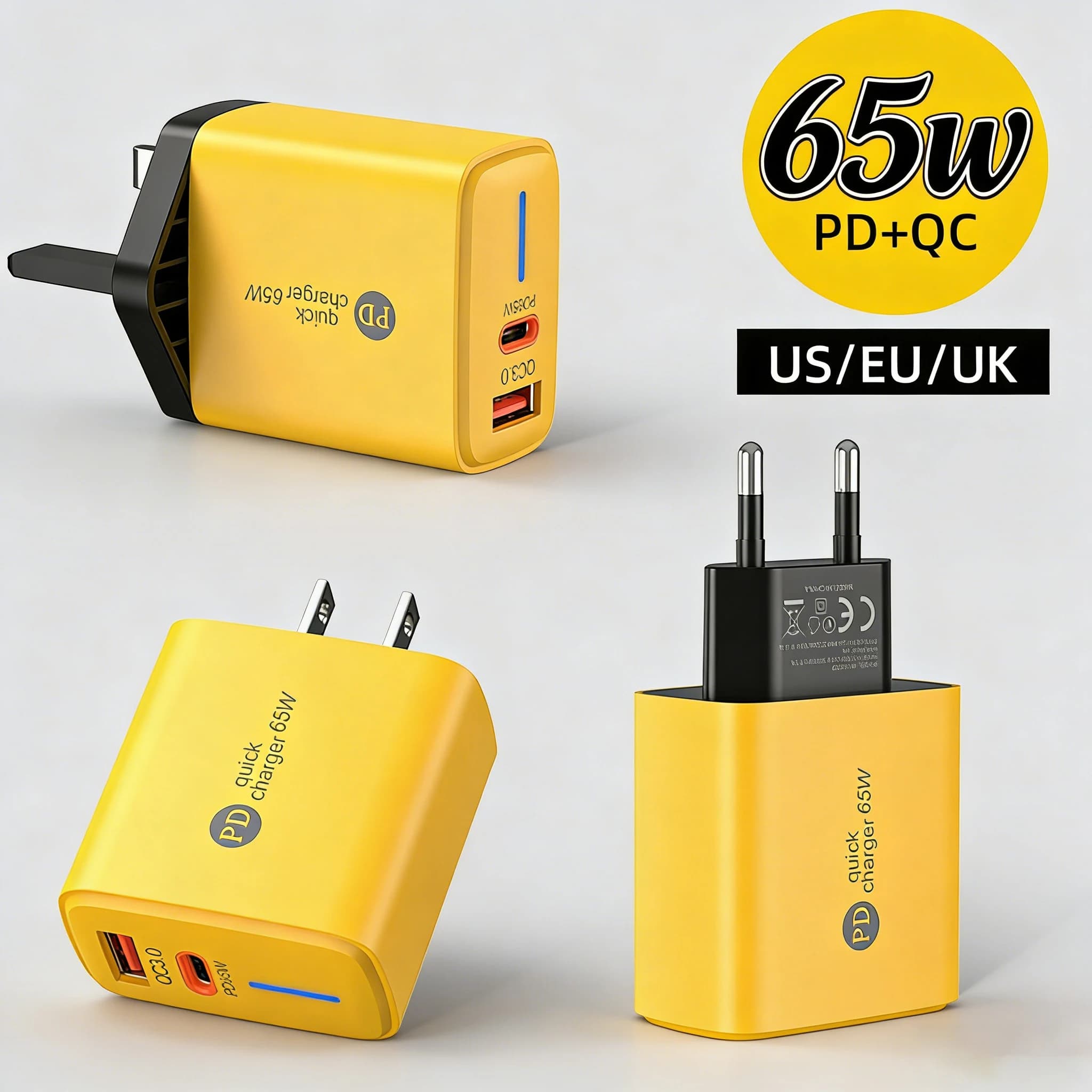 65W 3 in 1 Quick Charge 3.0 USB Charger Type C PD Fast Charging Wall Adapter EU/US/UK Plug For iPhone 17 Xiaomi Samsung Huawei