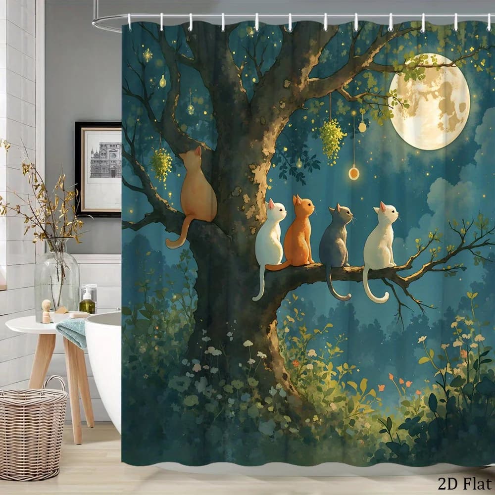 1pc Cats Tree Shower Curtain - Dreamy Watercolor Moonlit Night Design with 5 Cats on Gnarled Branches, Green & Blue Background,