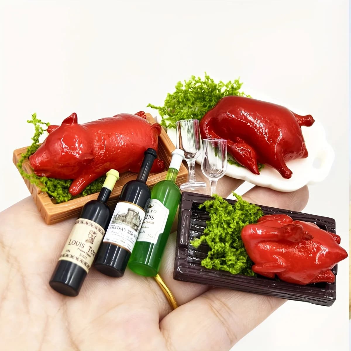 6Pcs 1:12 Dollhouse Wine & Food Set, Mini Pig Duck Chicken Turkey Model, DIY Miniature Scene Decor, Holiday Gift