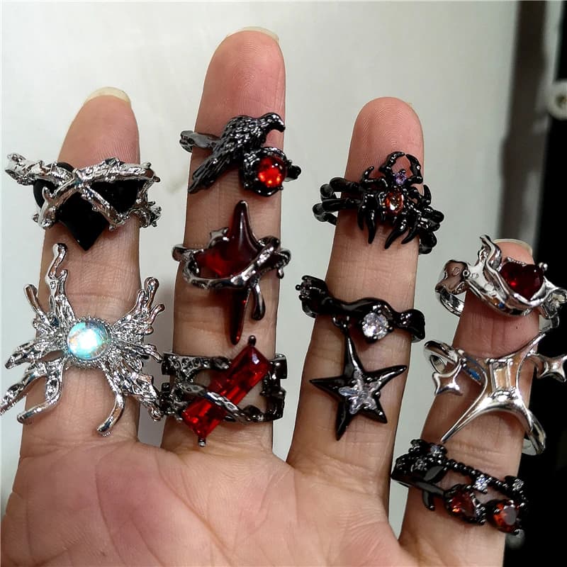 Y2K Gotico Rosso Scuro Croce Stella Corvo Cuore Anelli Per Le Donne Goth Gioco Amore E Spazio Profondo Sylus Cosplay Accessori Gioielli Regali