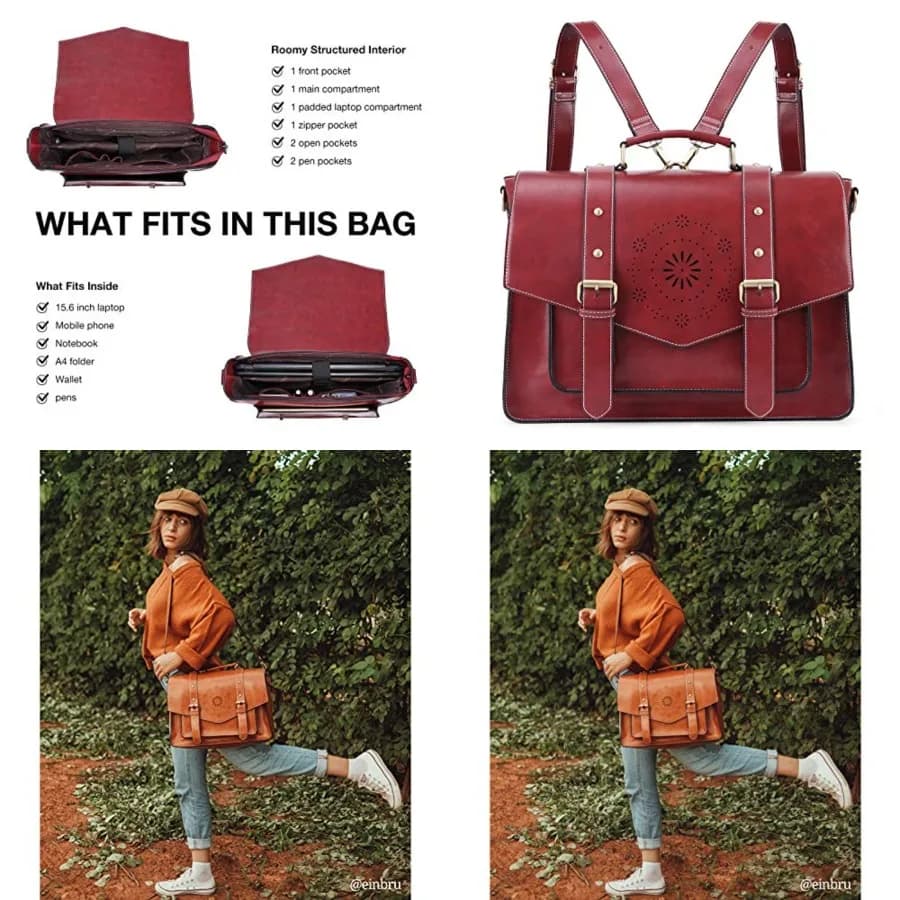 Zaino da donna, borsa a tracolla, borsa per laptop in similpelle vegana, borsa da lavoro, adatta a laptop da 15,6 pollici, rosso