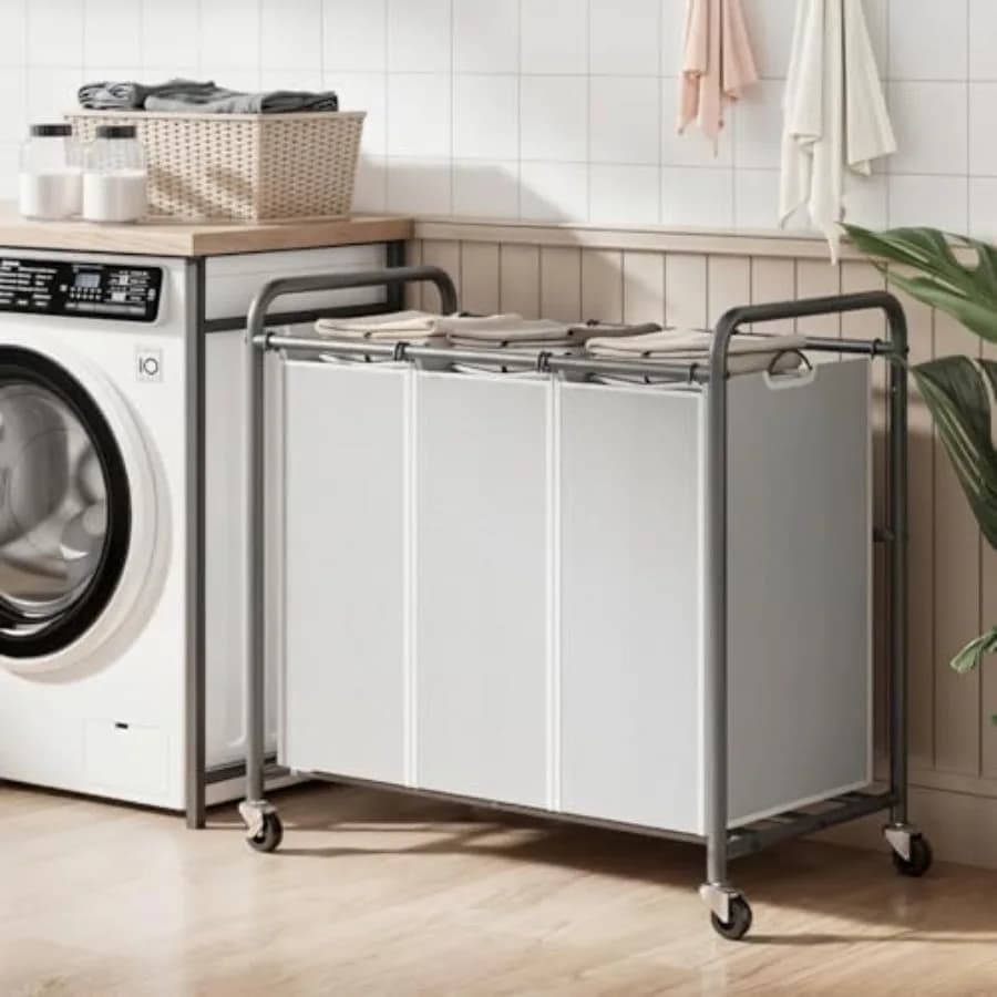 Laundry Sorter Hamper 3 Section Divided Laundry Basket Organizer with Heavy Duty Lockable Wheels and Removable Bags Rolling Clo