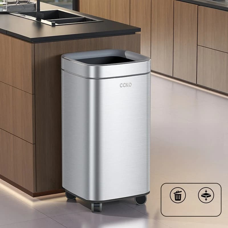 Premium Stainless Steel Trash Can, Rolling Large Capacity Wastebasket, Heavy-Duty Easy-Clean for Kitchen Bathroom Home