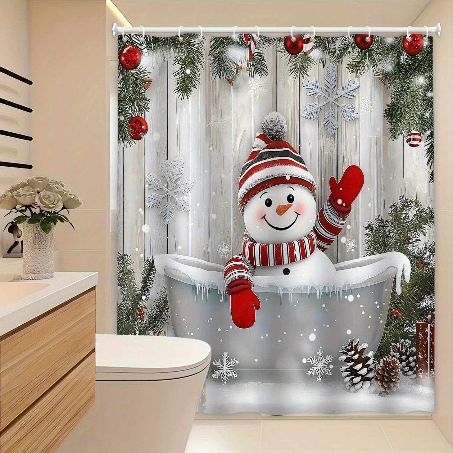 Winter Snowman Snowflake Pine Branch Christmas Shower Curtain w/ Hooks, Soft Fade Resistant Window Curtain for Bathroom