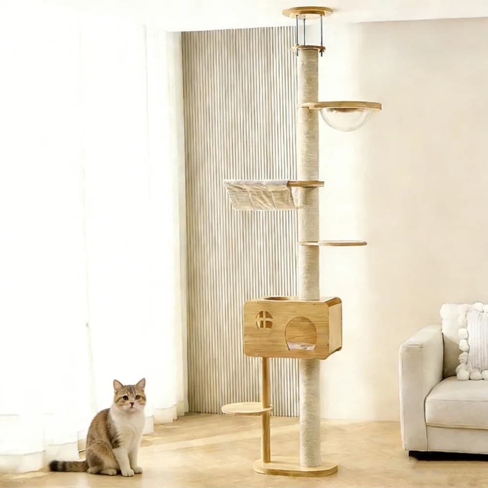 Modern Large Solid Wood Cat Tree Condo Adjustable Height Floor-to-Ceiling Climbing Frame Bed Jumping Platform Pet House Tower