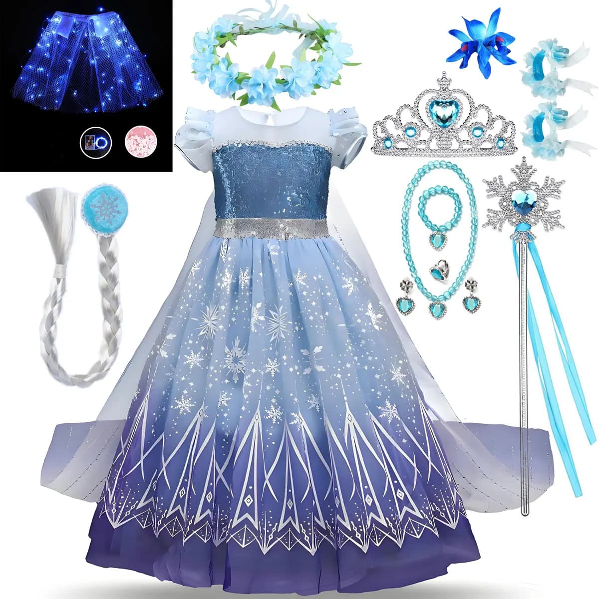 Set di Vestiti da Principessa Disney Frozen, Stile Elsa, Abito Blu Senza Maniche con Gonna in Pizzo Stampata e Mantellina per Bambine