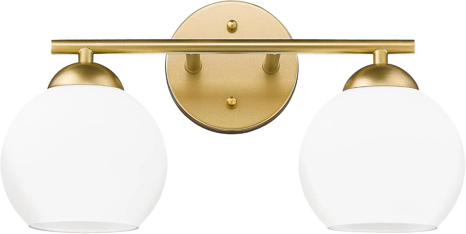 2-Light Gold Bathroom Vanity Light with Milk Glass Shades, Modern Globe Fixture for Mirror