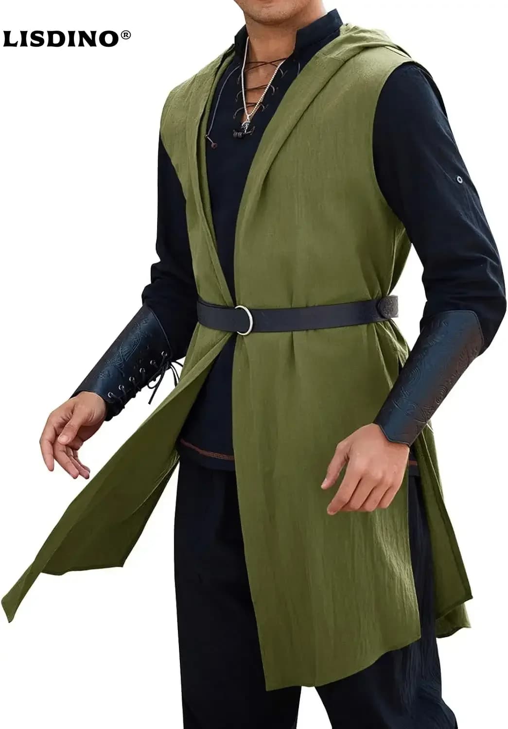 Runcati Costume rinascimentale da uomo Cappotto con cappuccio Cavaliere medievale Tunica senza maniche Top Tabard Vichingo Mantello Holloween