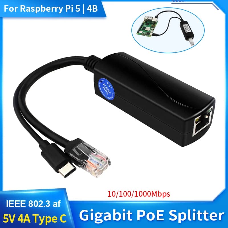 Raspberry Pi 5 Gigabit PoE Splitter 5V 3A 10/100/1000Mbps USB Tipo C a PoE Splitter Connettore per Raspberry Pi 5