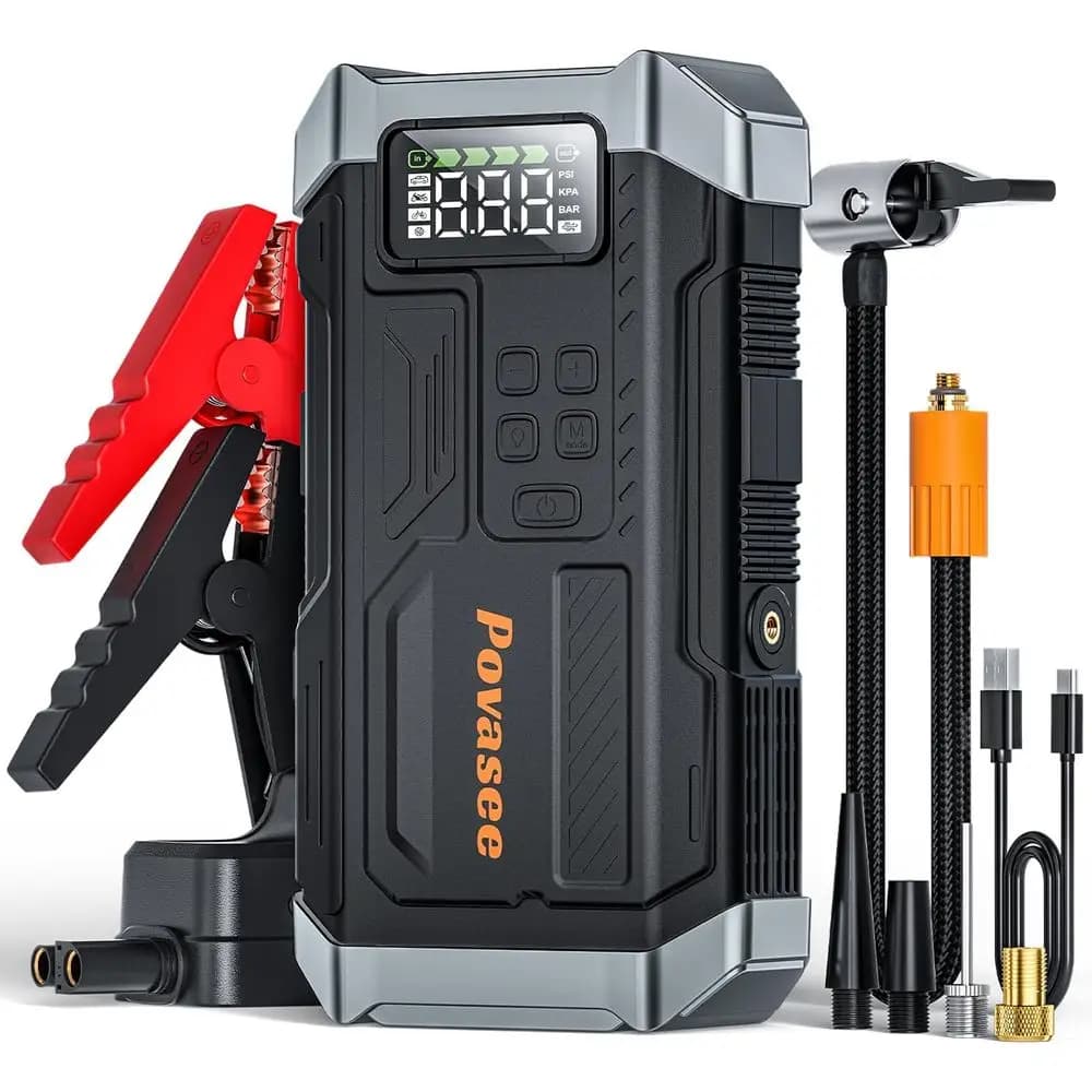 Avviatore di Emergenza Portatile 12V con Compressore d'Aria, Gonfiatore Pneumatici 150PSI, Display LCD, Torcia e Custodia per Motori Benzina/Diesel
