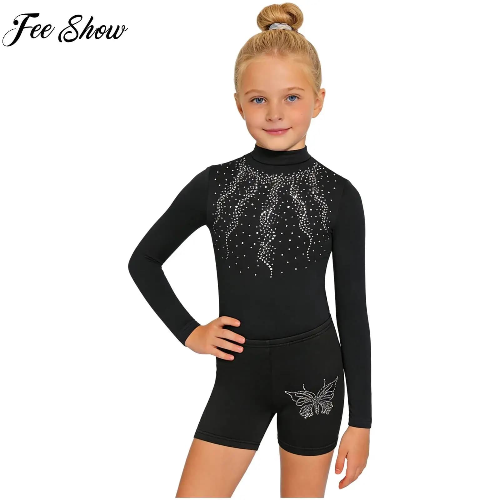 Completo per Pattinaggio Artistico su Ghiaccio per Bambine, Manica Lunga con Strass, Body da Danza e Ginnastica + Set Pantaloncini per Esibizioni sul Palco