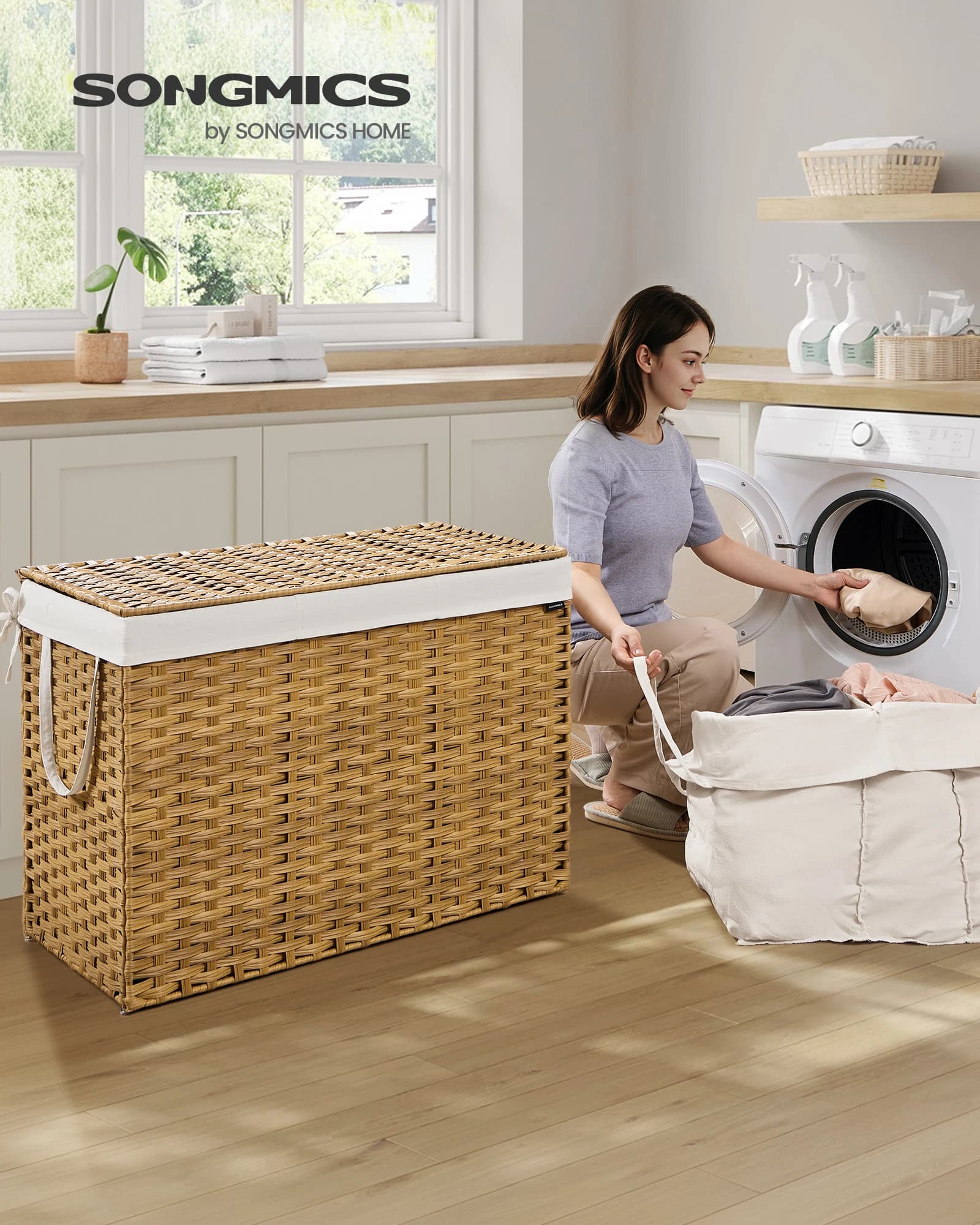 Cesto portabiancheria SONGMICS con coperchio, cesto portabiancheria da 200 L con 2 sacchi interni rimovibili, 6 sacchi in rete, cesto portabiancheria in vimini, doppio L