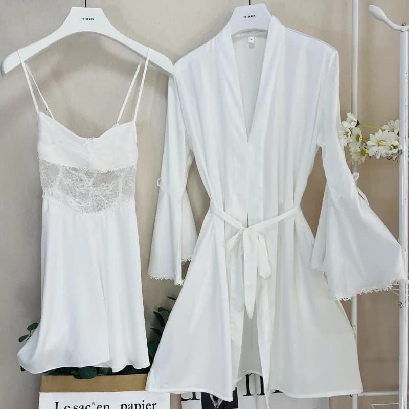 Summer Lady 2PCS Robe Set Bride Sleepwear Sexy Lace Hollow Out accappatoio camicia da notte donna Satin Home vestaglia Loungewear