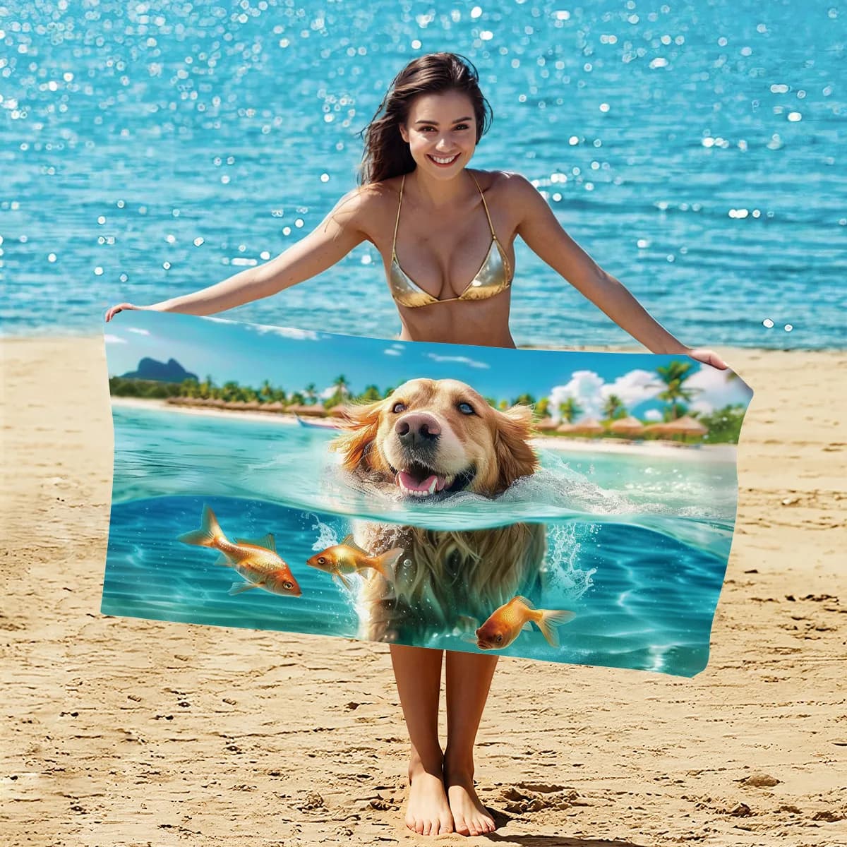 Asciugamano da spiaggia con stampa cane Golden Retriever, in microfibra, ad asciugatura rapida, assorbente, leggero, con simpatici animali, per vacanze al mare e in piscina