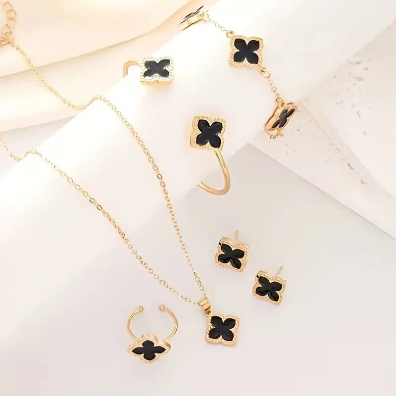 6-Piece KC Gold Clover Jewelry Set - Elegant matching earrings, necklaces, bracelets and rings with four-leaf clover floral for everyday wear (year-round) - Luxury at affordable prices for everyday and special occasions