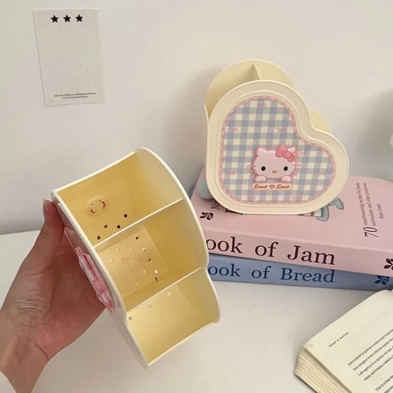 Hello Kitty Cute Cartoon Checkered Heart-Shaped Storage Box Desktop Organizer Stationery and Miscellaneous Items Storage Box