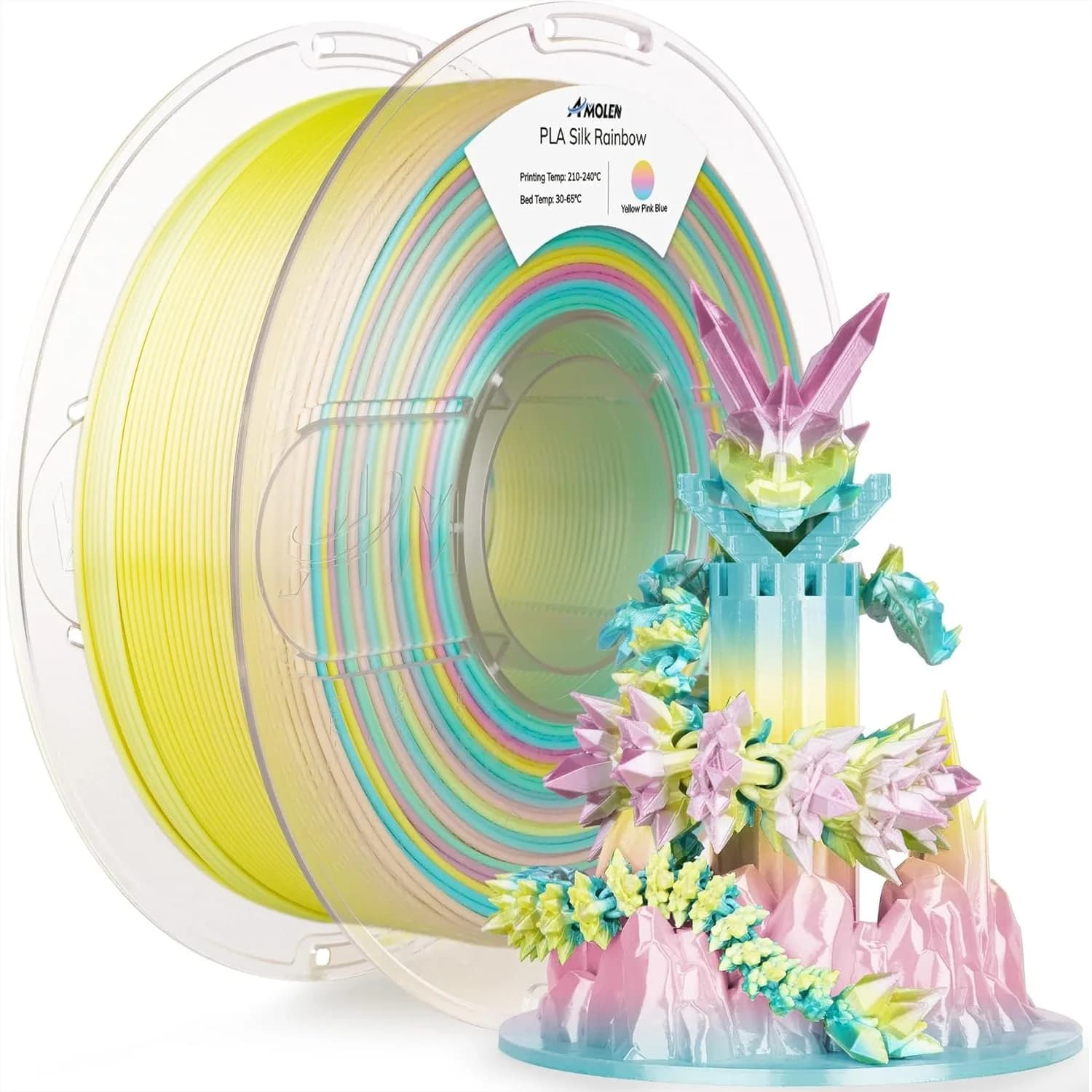 Filamento PLA Seta Arcobaleno 1.75mm per Stampanti 3D, Cambio Colore Rapido per Stampanti 3D FDM, Giallo Rosa Blu, 1kg