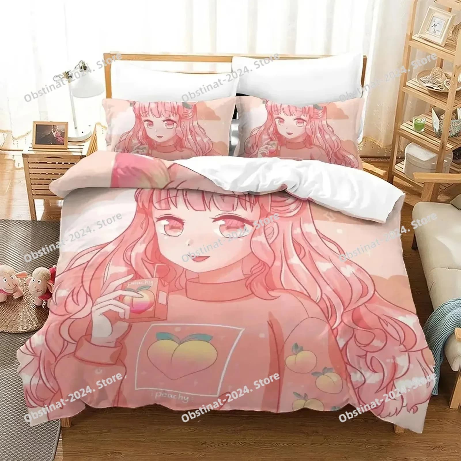 Anime Estetica Ragazza Arte Set di biancheria da letto Fragola Copripiumino Completo Queen King Size Federa Set letto stampato Camera da letto per bambini per adulti