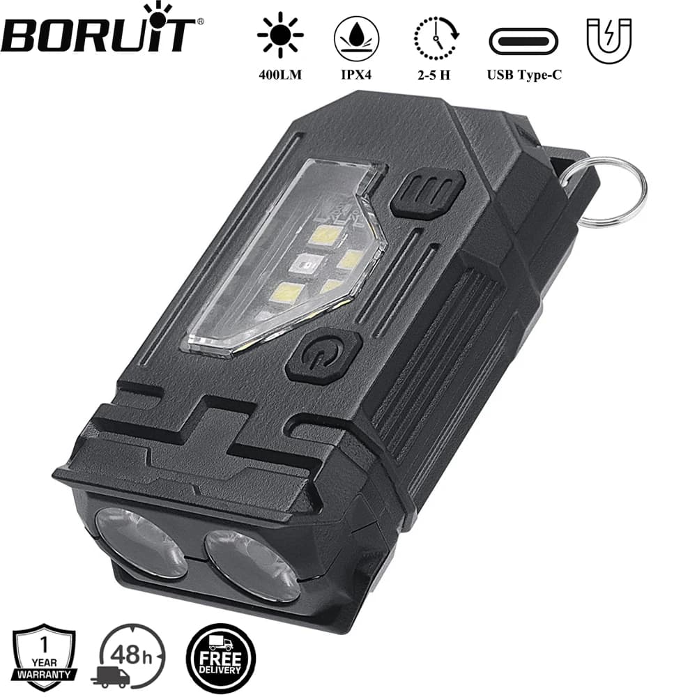 BORUiT EDC Keychain USB Type-C LED Flashlight Rechargeable Work Flashlight with Magnet Waterproof Camping Pocket Lantern