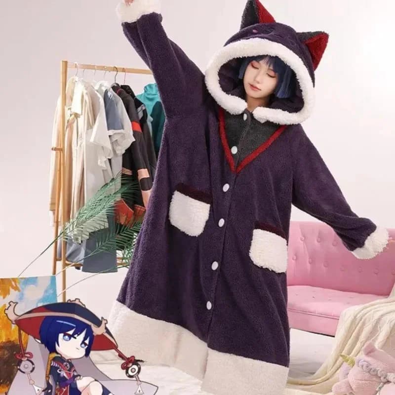 Genshin Impact Cosplay Pigiama Anime Unisex Autumn Winter Plush Bathrobe Tartaglia Xiao Zhongli Ganyu Cute Sweatshirt with Sleepy Shirt