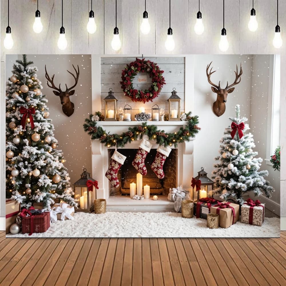 Christmas background with white brick wall, fireplace, snow scene, Christmas tree, wreath, candles, socks, children's party decorations