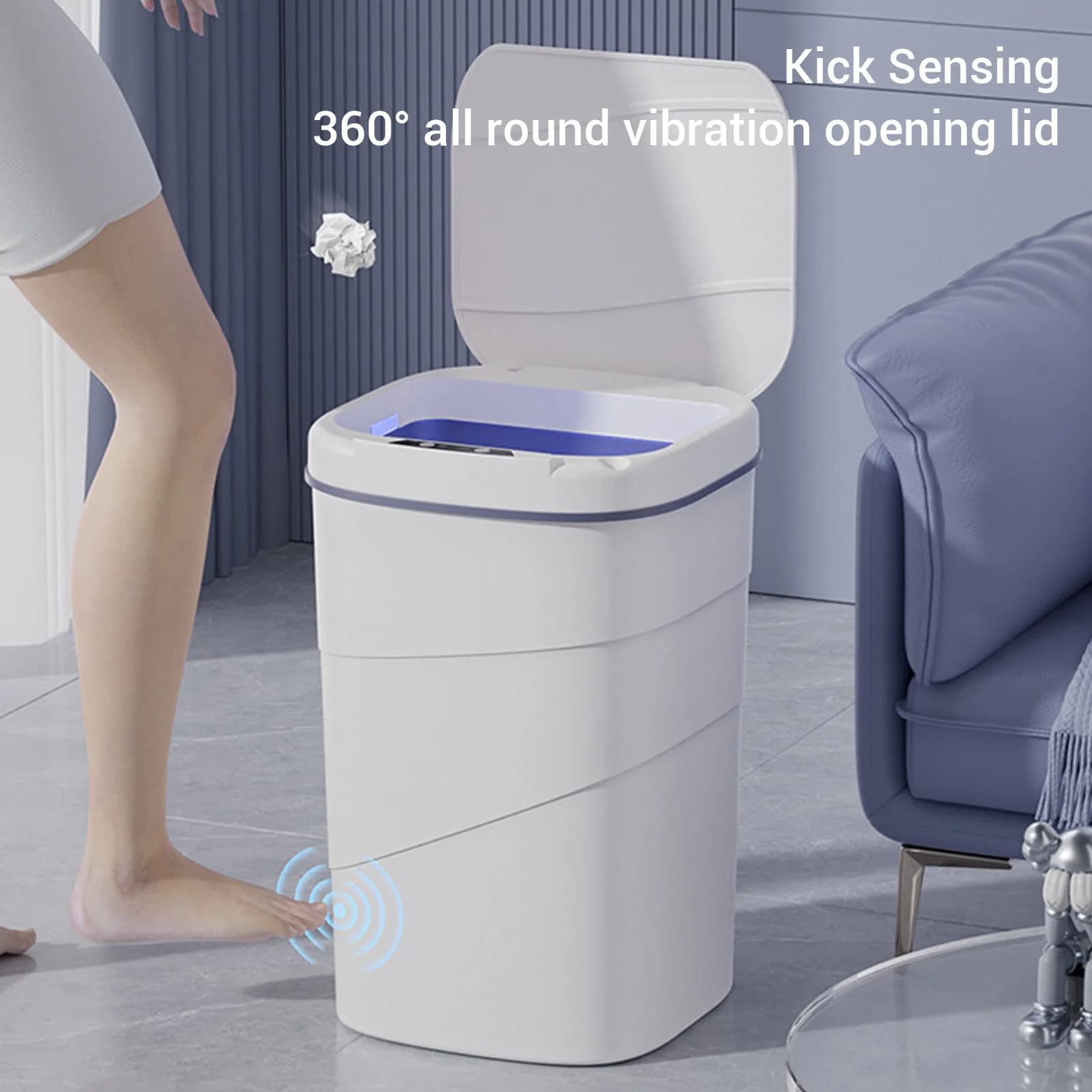 Motion Sensor Trash Can 18L Automatic Touchless Garbage Bin with Blue Luminous Press Ring for Bathroom Kitchen Living Room