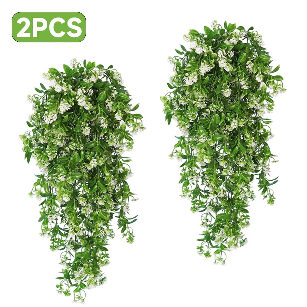 2 pezzi di piante artificiali pendenti con fiori bianchi, rampicanti di edera finta, piante finte pendenti per pareti, decorazioni per interni ed esterni, cucina, camera da letto, soggiorno, balcone, giardino, matrimoni, decorazioni per feste