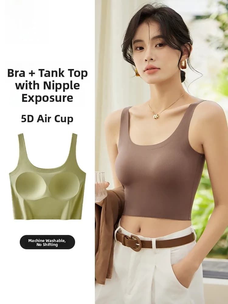 Woman Backless Strap Vest Women's Summer Thin Underwear Integrated Bra Pad Outerwear Base Layer Short Pure Color