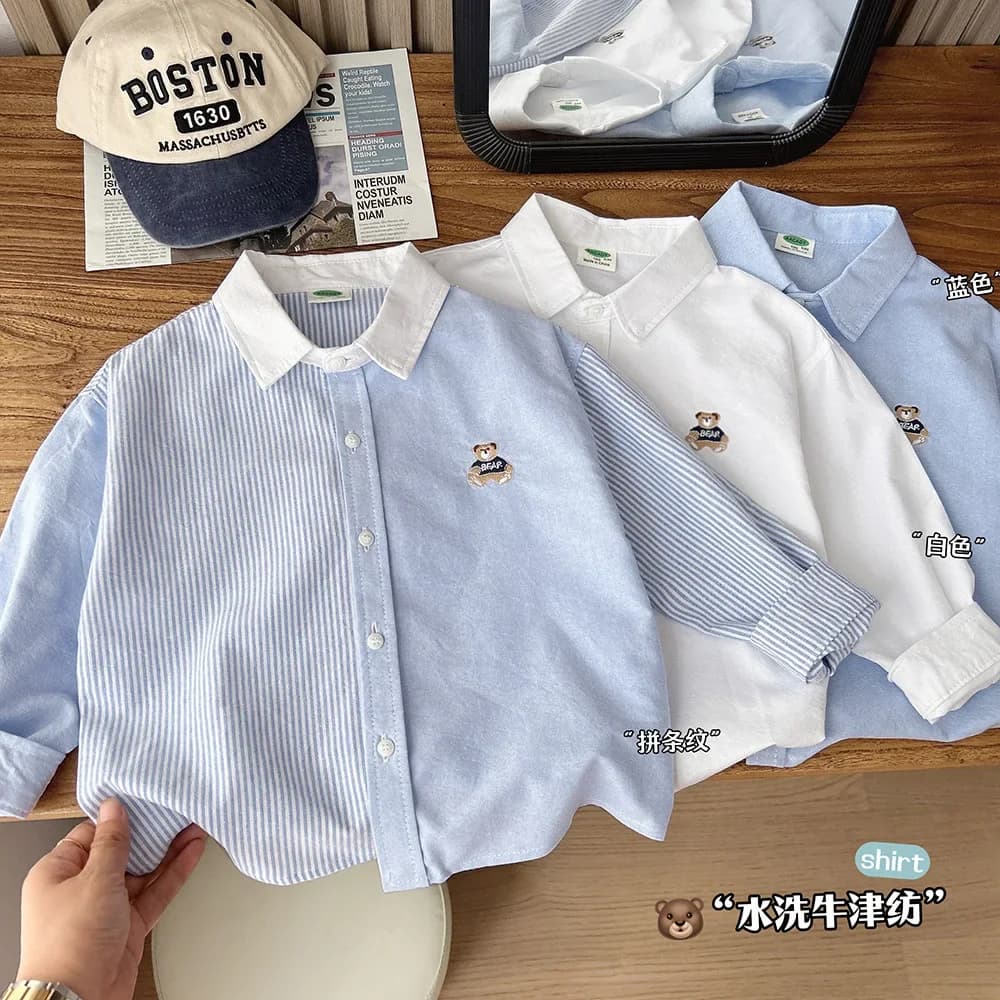 2025 Autumn Boys Cute Embroidery Bear Long Sleeve Stripe Cotton Blouse 100-150cm