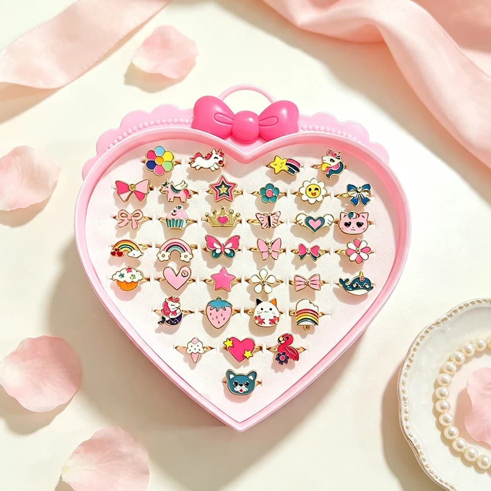 36Pcs Adjustable Ring Set with Unicorn, Bow, Rainbow, Crown, Flower, Cat, Strawberry, Heart-Shaped Designs, Kc Gold-Plated Rings, Bow Decoration, Heart-Shaped Storage Box, Girls' Dress-Up Jewelry, Birthday Party Gift S