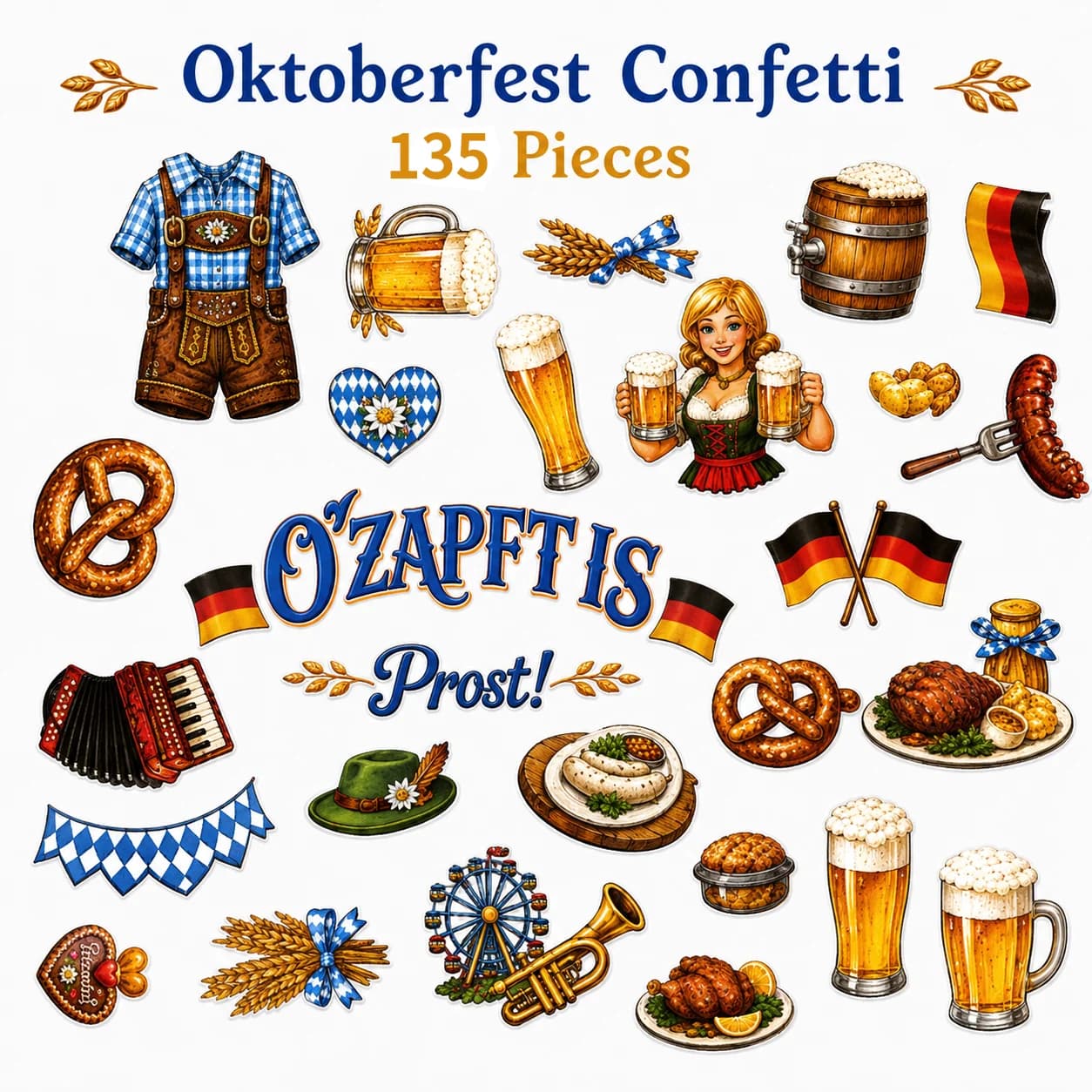 135Pcs Oktoberfest Confetti, Bavarian themed confetti printed with beer mug, pretzel and traditional costume patterns, table dec