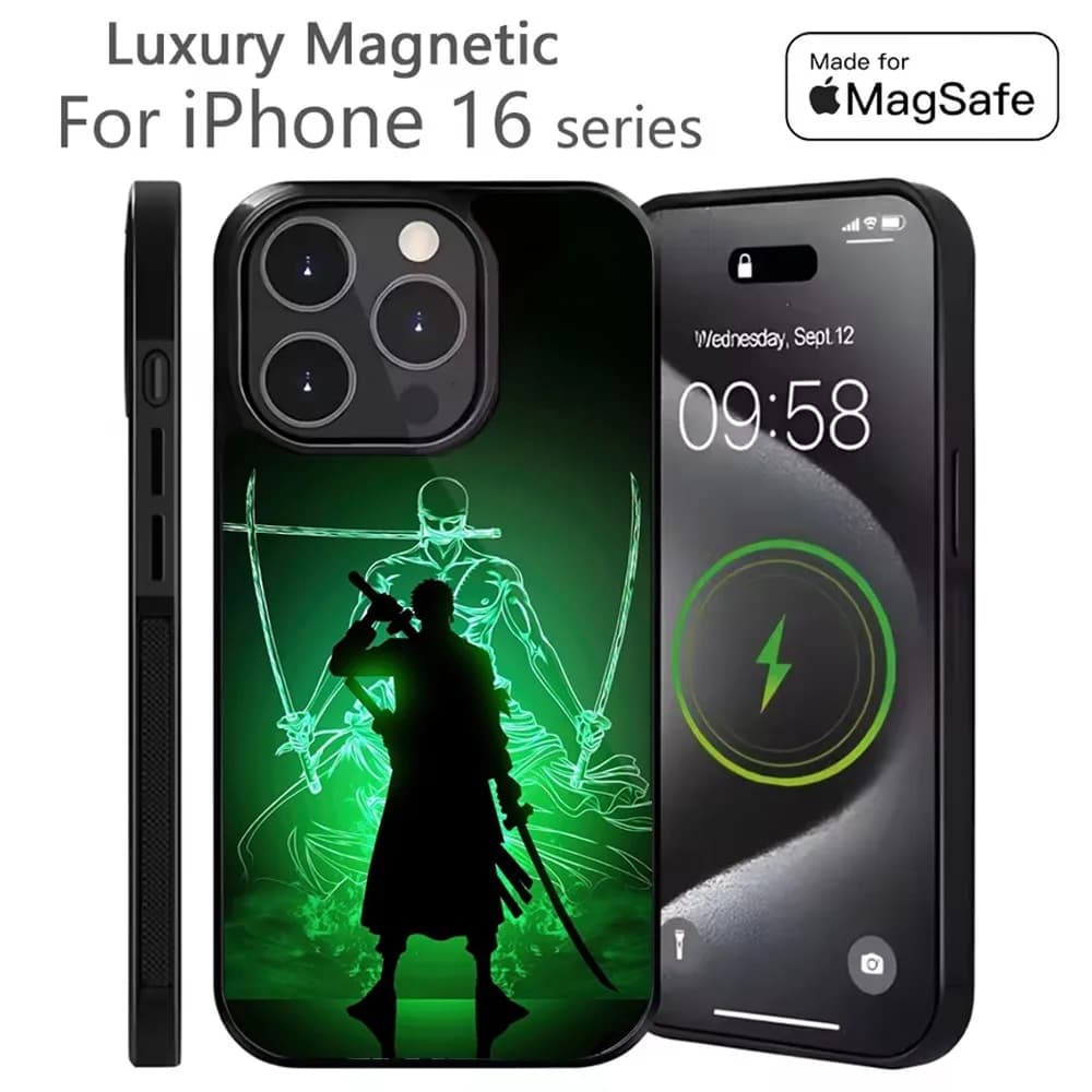 Custodia per telefono Anime Ones P-Pieces Zoro per iPhone 16,15,14,13,12,11,Plus,Pro,Max Mini Magsafe Ricarica wireless magnetica