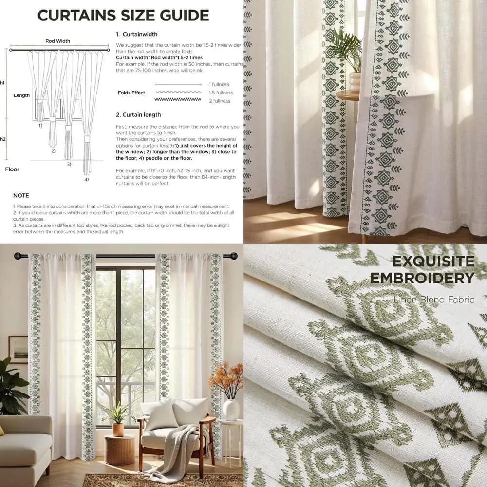 84 Inch Boho Linen Curtains, 2 Living/Bedroom Panels, Light Filtraction with Language Auction Pockets