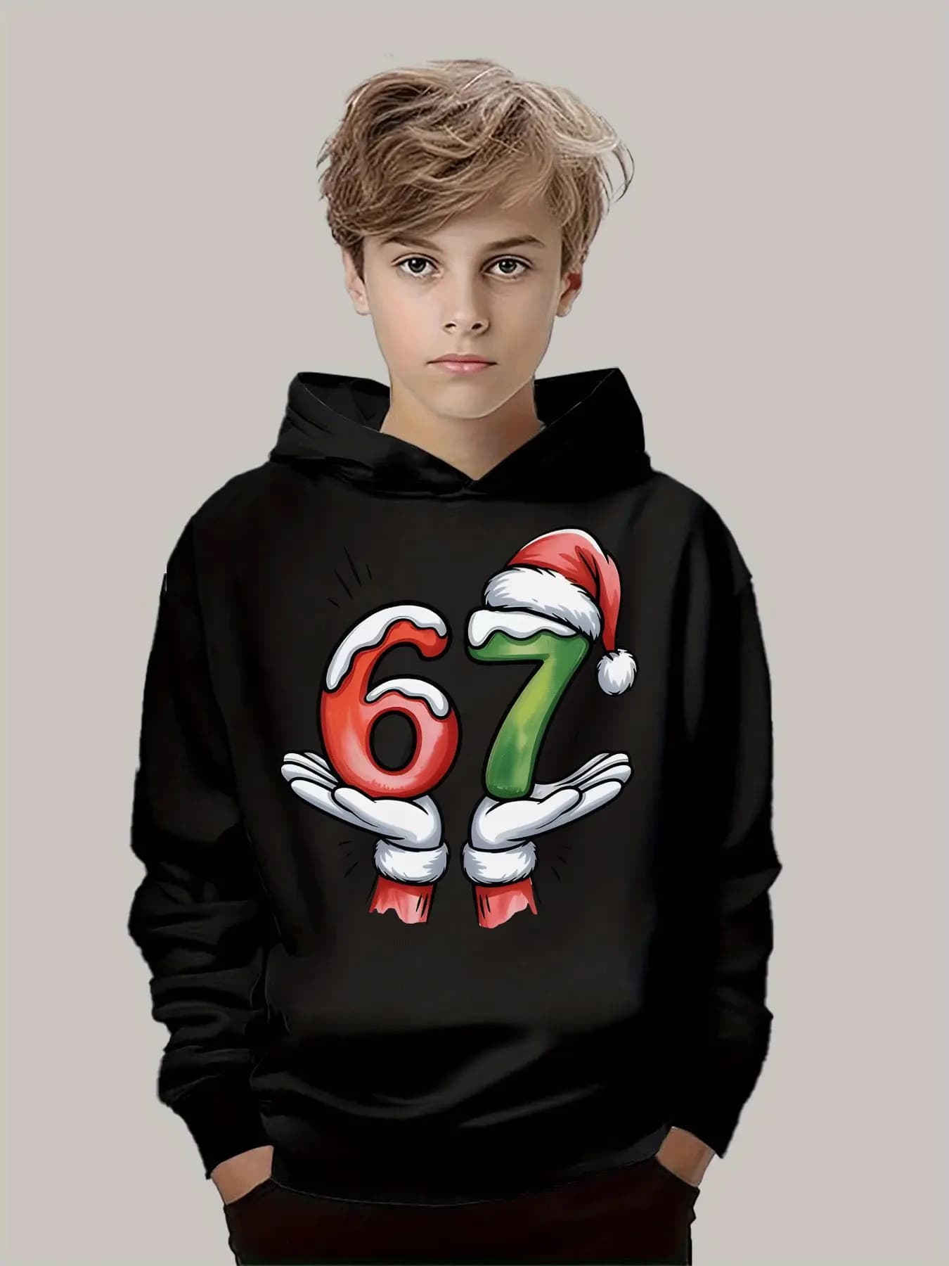 Maglietta da ragazzo Felpa con cappuccio casual per adulti Pullover Top Bambini Uomo Regalo Maglietta in cotone Felpa Sport Numero 67 Cappello da Babbo Natale alla moda