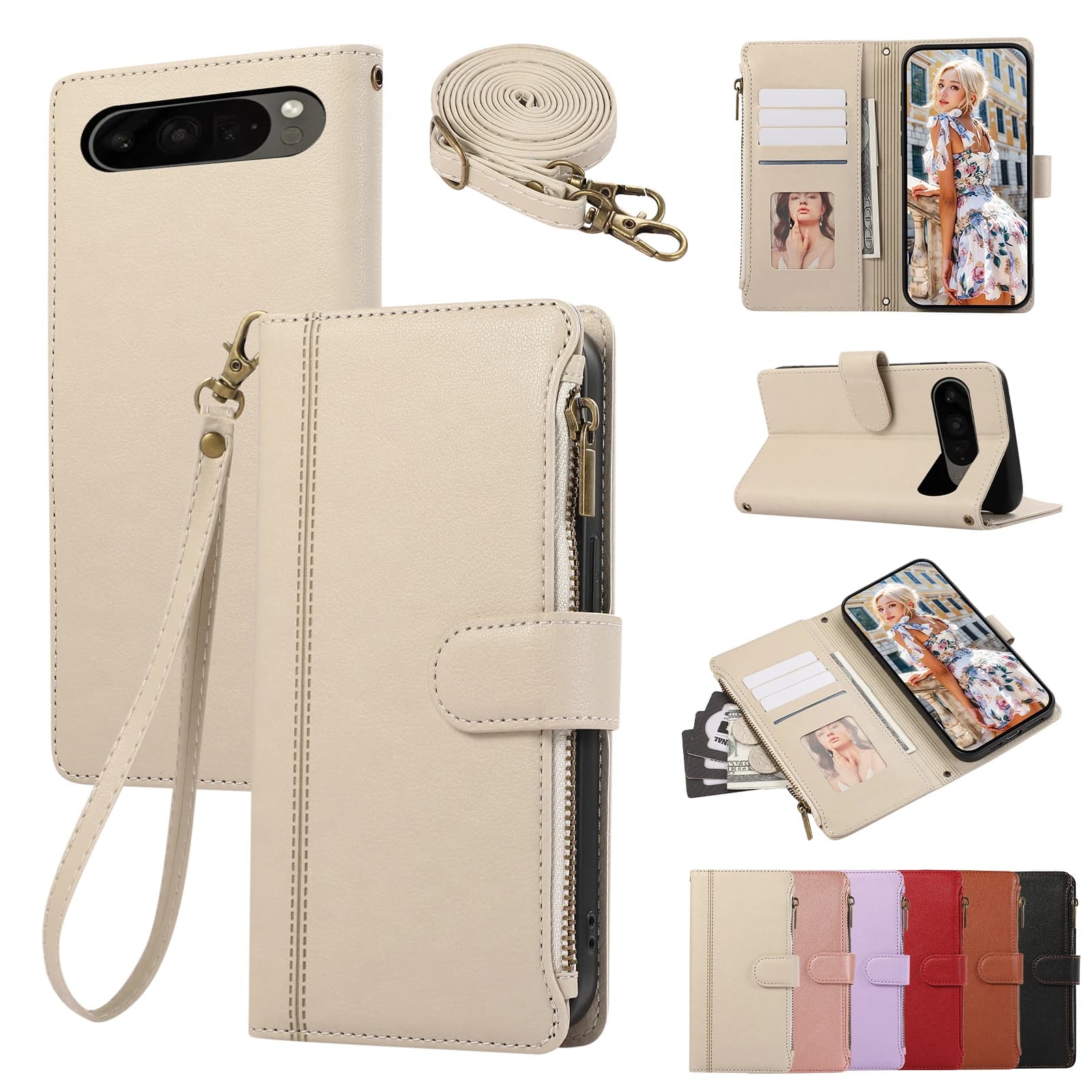 Custodia in pelle a portafoglio Solt con cerniera a tracolla multi carte per Google Pixel 9 Pro 8 8A 7 7A 6 cinturino lungo cordino libro Flip Bag Cover