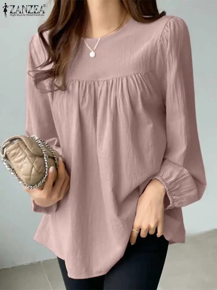 Camicetta da donna a maniche lunghe moda coreana primavera O collo elegante camicia da lavoro OL ZANZEA Casual elegante tunica top Solid Loose Blusas