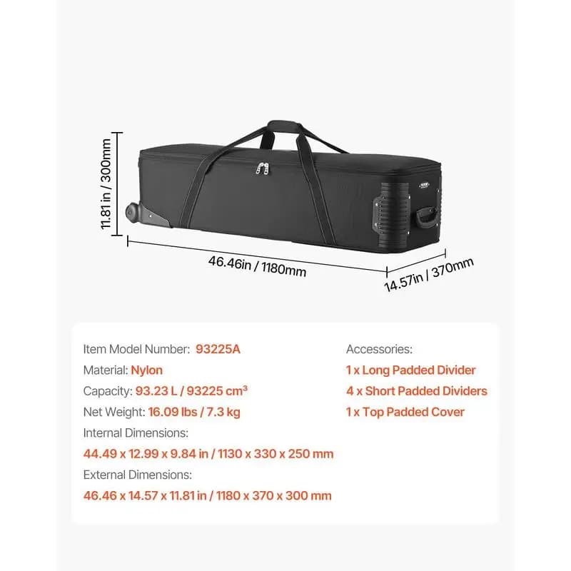 Studio Equipment Trolley Case, 46.46 x 14.57 x 11.81 in / 118 x 37 x 30 cm, Rolling Camera Bag, Carrying Bag with Wheels Straps Padded Compartment Handle, for Light Stands, Tripods, Telescopes