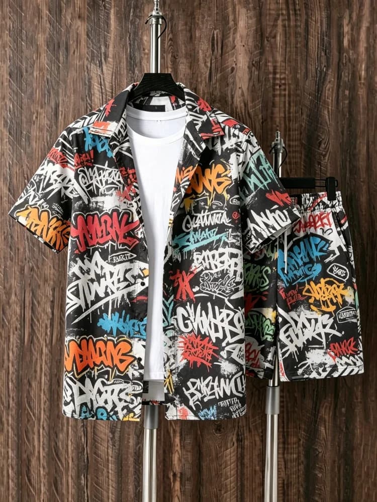 Men's Short Sleeve Shirt & Shorts Set, Loose Comfort Street Graffiti Print Casual Summer Outfit